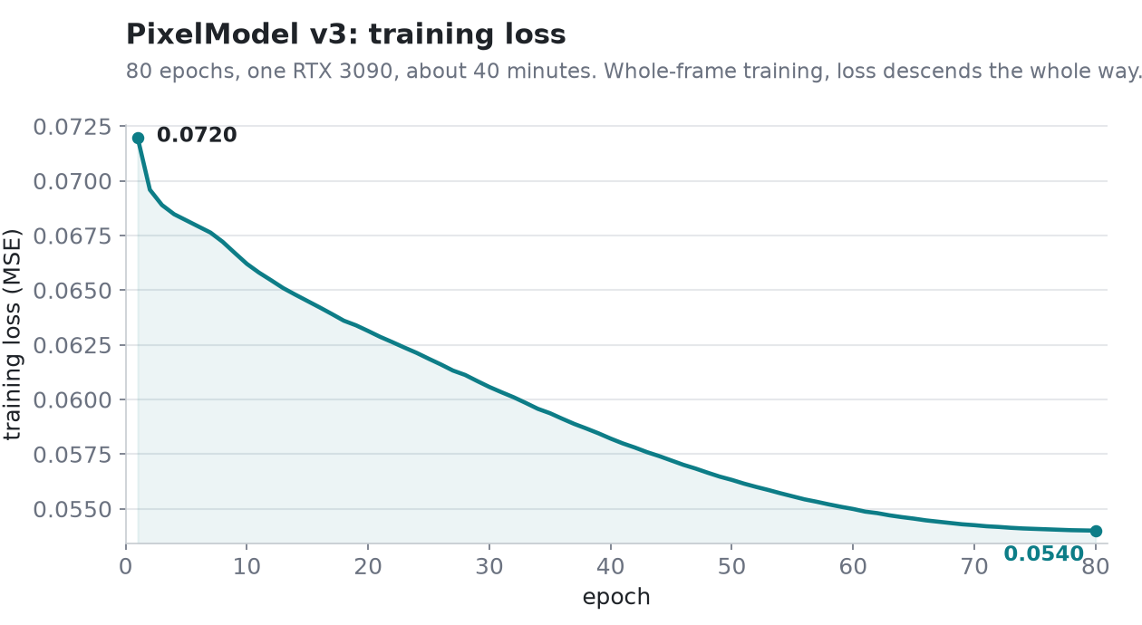 PixelModel v3 training loss curve over 80 epochs
